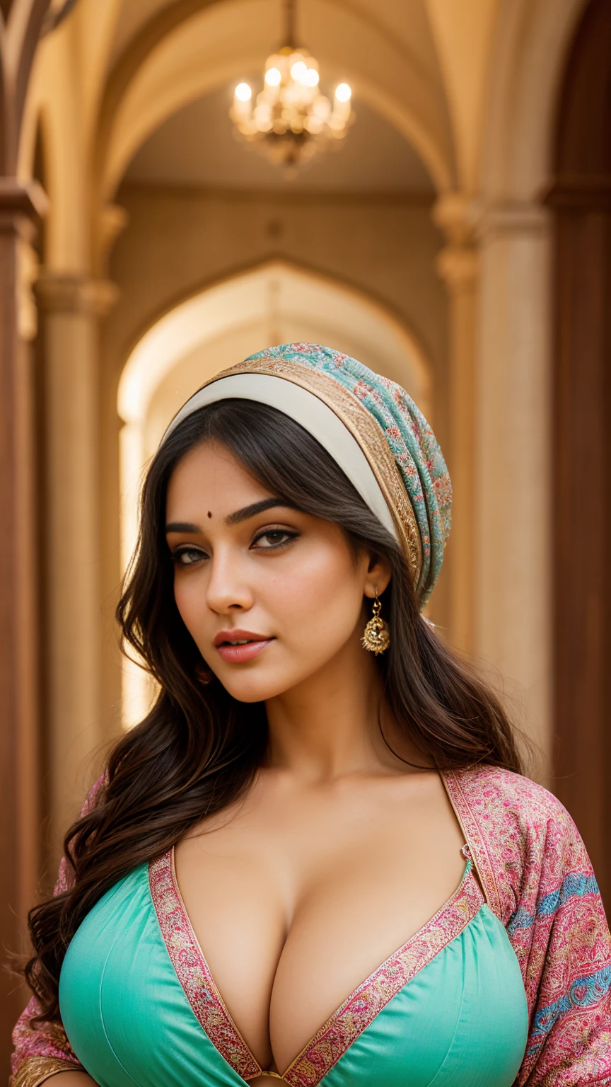 perfect eyes, fantastic face, Indian, beautiful look, ((light lips, bright eyes, curve heir 1.5)), (((beautiful details very huge breast ))), (Straight round and ultra huge clevage, not sagging breast), A glorious gorgeous, glorious gorgeous face, pretty face, bright eyes, (detailed Colourful elegant printed Hijab with Designs and Patterns), updo elegant hair, blurred gray tones background, ultra focus, face ilumined, face detailed, 8k resolution, painted, dry brush, brush strokes, razumov style and garmash style, by Tokaito, (fluorescent colours:1.4),(semi transparent:1.4),(retro filters:1.4),(fanciful:1.4), Soft Fluffy Soft Landscape Light Soft Whimsical Light Renaissance Room Background Ultra Realistic Ultra High Quality Cinematic Lighting Huge Details Full HD Painting Plenty of light,diagonal bangs,Bright Colorful Hijab headwear ,side masterpiece, best qualityer,realskin,(sportrait:1.5), 1girll, bluntbangs, (long wavy hair), ((Renaissance Room)), ((Big Sexy Body Shape)), (((Portrait Photo))), (half open breast wear)