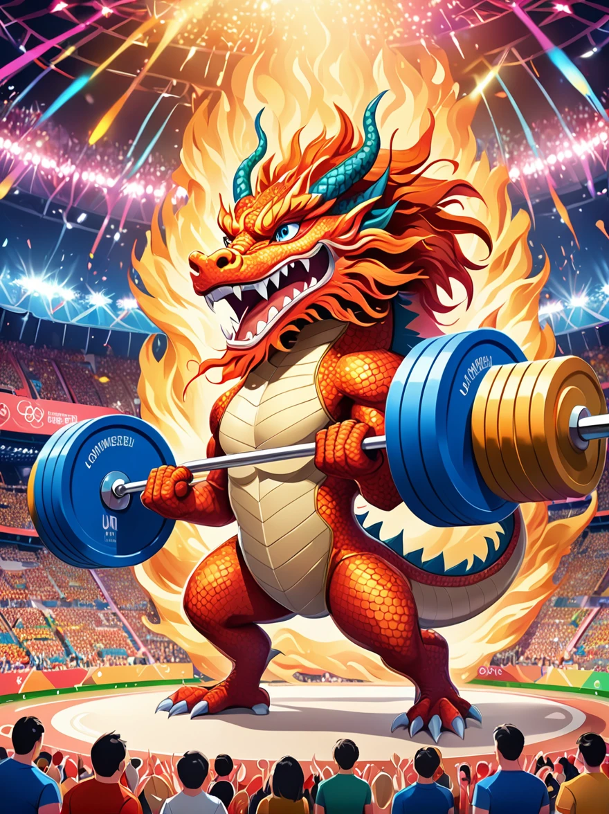 poster，advanced，Surreal，Fantastic effect，A thin and cute anthropomorphic Chinese dragon，Weightlifting at the Olympics in France，Lift the barbell easily，Happy expression，Joyful crowd in the background，Colorful arena，The tense atmosphere of the game，Colorful lights in the stadium，Excited audience，Cheering crowd，(Best quality，8k，high resolution，masterpiece)，Super Fine，uhd, Extremely detailed description，major，Bright colors，illustration，The graphics are very impactful，Depth，poster，Warm color tone，advanced配色，Blockbuster，Ultra-clear，Design