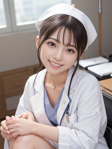 Japanese female, a lot of details, (underweight), detailed black hair, beautiful detailed hair, super fucking beautiful, delicate beautiful face, complex details beautiful and delicate eyes, perfect hands, (flat chest best quality:1.5), perfect and delicate limbs, detailed skin, best quality, ultra-detailed,(cheerful grin:1.5),
(hospital:1.3), group shot:1.5, (nurses:1.2), squatting, bun hair, (White coat, nurse uniform), japanese, cowboy shot, low angle shot,