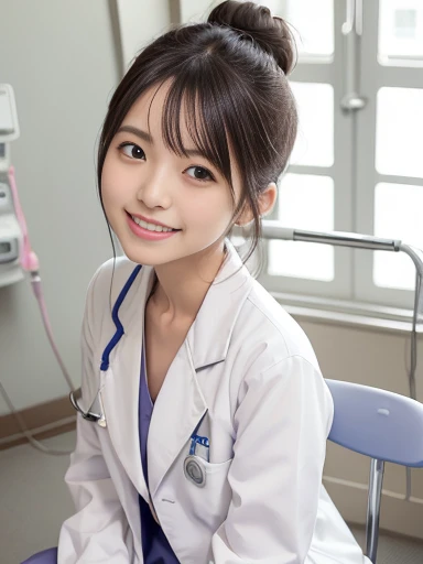 Japanese female, a lot of details, (underweight), detailed black hair, beautiful detailed hair, super  beautiful, delicate beautiful face, complex details beautiful and delicate eyes, perfect hands, (flat chest best quality:1.5), perfect and delicate limbs, detailed skin, best quality, ultra-detailed,(cheerful grin:1.5),
(hospital:1.3), group shot:1.5, (nurses:1.2), squatting, bun hair, (White coat, nurse uniform), japanese, cowboy shot, low angle shot,