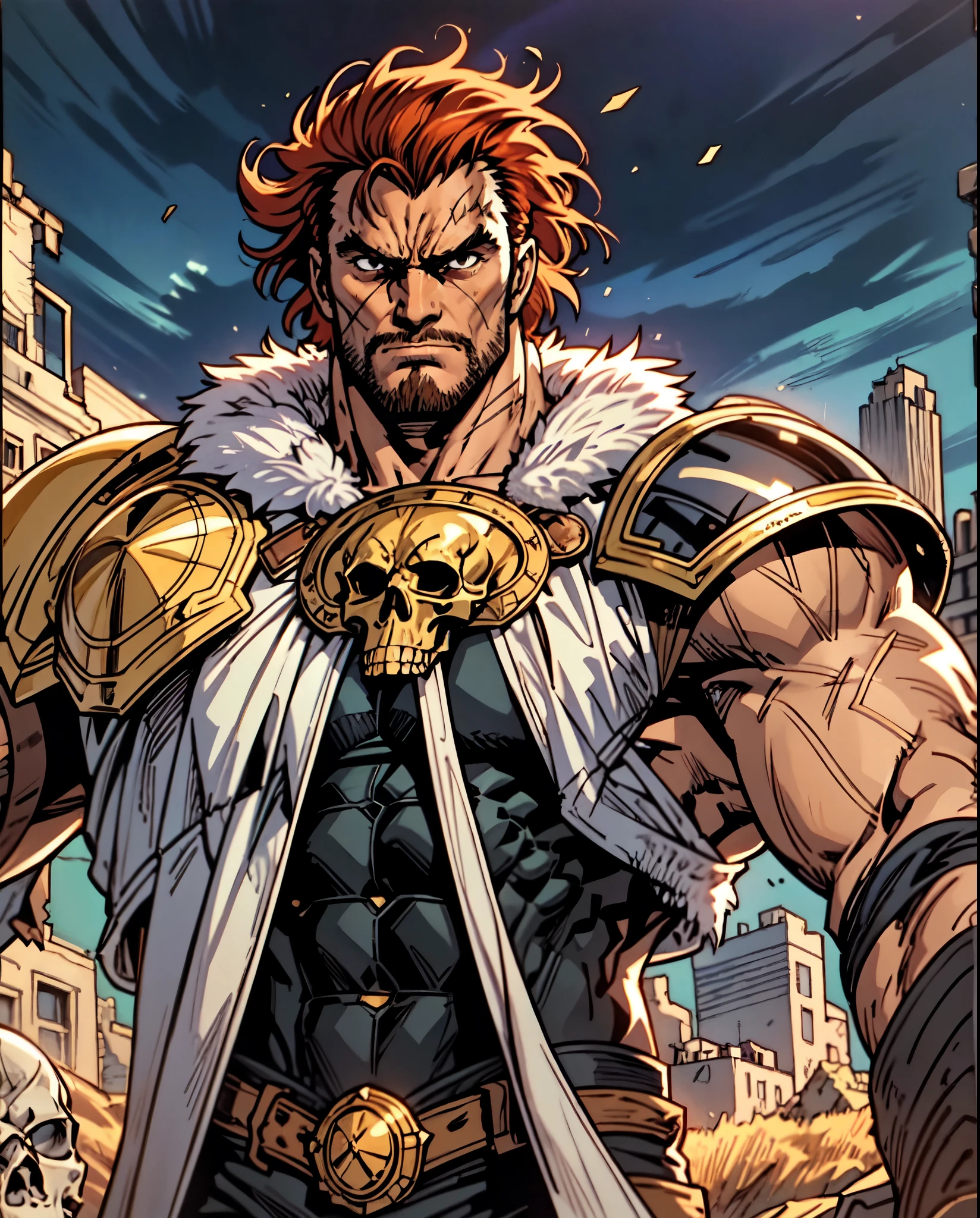 (masterpiece:1.2, best quality:1.2, extremely delicate:1.2), ((male:1.5)), a man with disheveled long orange and red hair, (no eyebrows:1.2), deep-set eyes, (a long scar on the right side of his face:1.2), rough features, (a full beard:1.2), a dissatisfied expression, a tall and muscular build, a post-apocalyptic fantasy-style wilderness coat with no sleeves, fur around his shoulders and neck, a half-damaged monster skull hanging in the middle of his chest, has spiked shoulder guards, revealing his muscular abs, stands in a post-apocalyptic fantasy-style desolate town, this character embodies a finely crafted post-apocalyptic fantasy-style overlord in anime style, exquisite and mature manga art style, dramatic, high definition, highres, ultra-detailed, ultra-fine painting, professional, perfect body proportions, golden ratio, anatomically correct, symmetrical face, extremely detailed eyes and face, high quality eyes, creativity, RAW photo, UHD, 32k, Natural light, cinematic lighting, masterpiece-anatomy-perfect