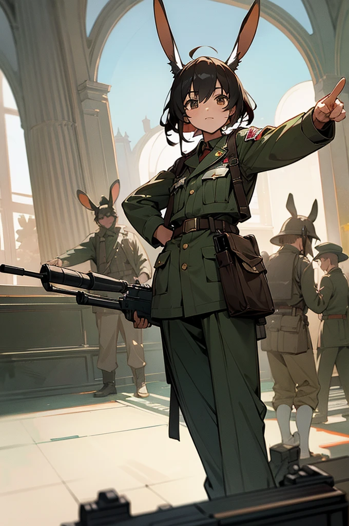 Masterpiece, machine gunners pointing guns at viewer in a fancy lobby, short, rabbit ears, rabbit tail, wwii army uniform