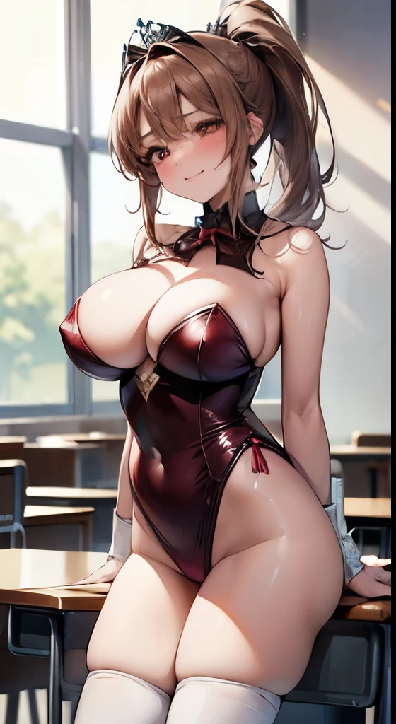 最high quality、Best image quality、masterpiece、With a girl((, Play sports frequently、Best Bust、Bust 90、Big Breasts、Saggy breasts、Brown Hair, Loose ponytail、Red eyes、Open your chest wide, thin, smile, liar、 Reverse Bunny Suit、tiara、Knee-high socks))、high quality、Beautiful art、With background((classroom))、Tabletop、Exquisite design、Visual Arts、