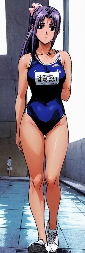 Momoko Koigakubo, a tall girl with beautiful legs, is walking around an indoor pool in a bright blue high-cut competitive swimsuit with the arena logo on it.。Angle from behind。A middle-aged man in casual clothes is standing there pointing a camera at Momoko Koigakubo.。