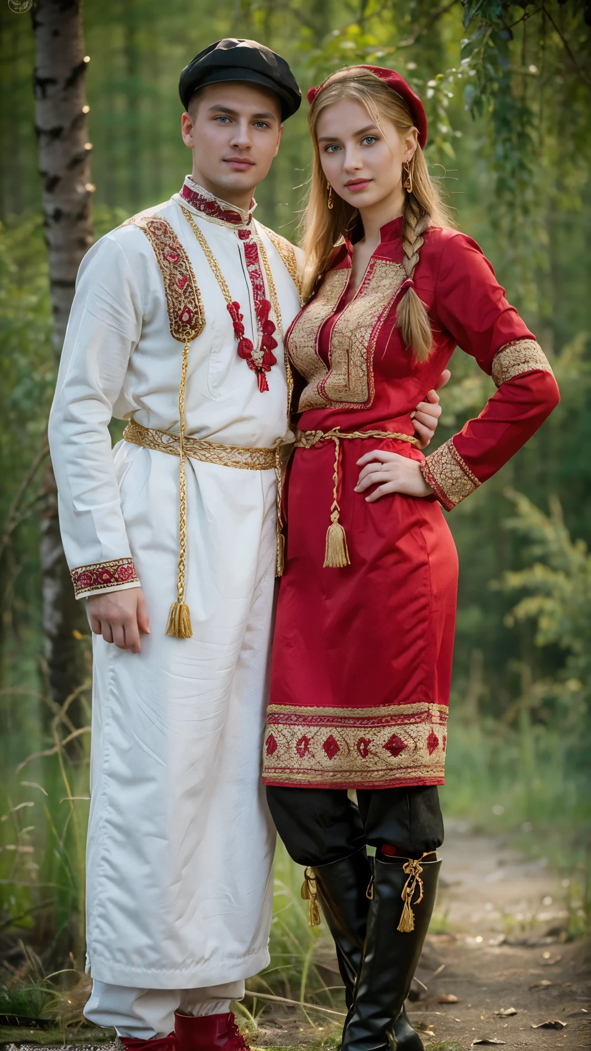 front view, (1 boy and 1 girl is existence), (couple is love), standing pose ,couple is looking between face to face, (1 man is Russian man, traditional Russian costumes from the 1930s, red and black design, Cossack hat, long boots ), (1 woman Russian traditional costumes from 1930s), Russian girl is 20 years-old, (blond hair ,double braid), slime body, Russian girl, 18 age old, (Blond hair, middle hair , wince, Gray eyes, beautiful lip, serious), (gold crescent earrings, gold neckless), (big breasts, slender whist, wide hip) ,(wearing traditional ethnic clothing, including a white and red Sarafan and kokoshnik), traditional shoes, The setting is a rural village during a festival, with people engaging in traditional activities and celebrating their heritage textured skin , HI detailed skin, (foreshortening, Canon, 8K, anatomically correct, super detail, high details, highness,