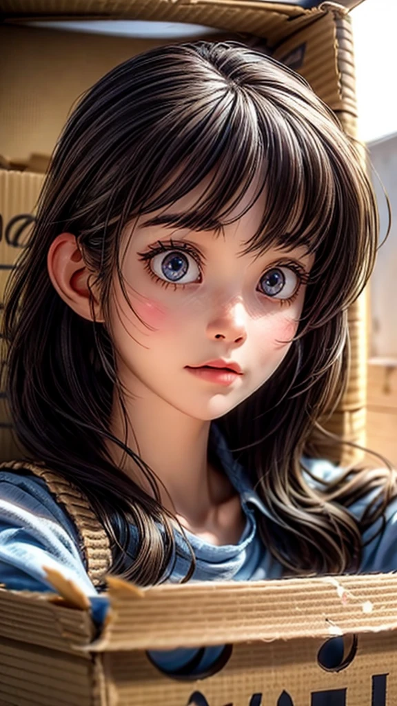 a girl peeking out of a cardboard box, looking anxious, abandoned kitten, beautiful detailed eyes, beautiful detailed lips, extremely detailed eyes and face, long eyelashes, sad expression, 1girl, cardboard box, photorealistic, 8k, high quality, ultra-detailed, hyper realistic, natural lighting, warm colors, cinematic, dramatic lighting, emotional, realistic, portrait