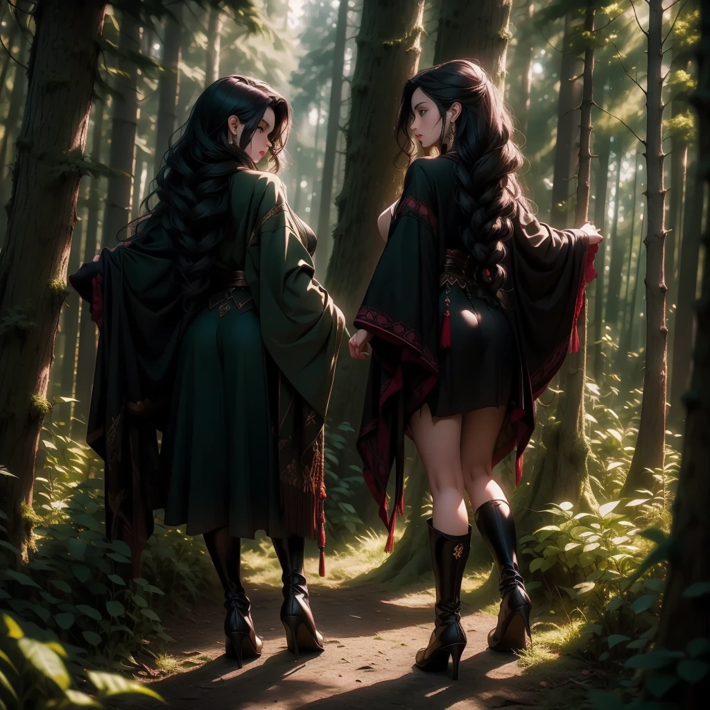 a beautiful young witch girl, long curly dark hair, piercing green eyes, delicate facial features, full red lips, sexy black witch outfit with long sleeves and a short skirt, full body view from behind, looking over her shoulder at the camera, dark moody forest background with full moon, dramatic lighting, dark colors, gothic, cinematic, highly detailed, 8k, photorealistic