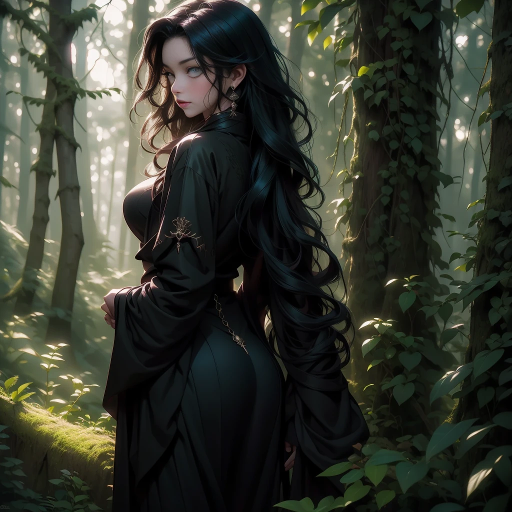 a beautiful young witch girl, long curly dark hair, piercing green eyes, delicate facial features, full red lips, sexy black witch outfit with long sleeves and a short skirt, full body view from behind, looking over her shoulder at the camera, dark moody forest background with full moon, dramatic lighting, dark colors, gothic, cinematic, highly detailed, 8k, photorealistic