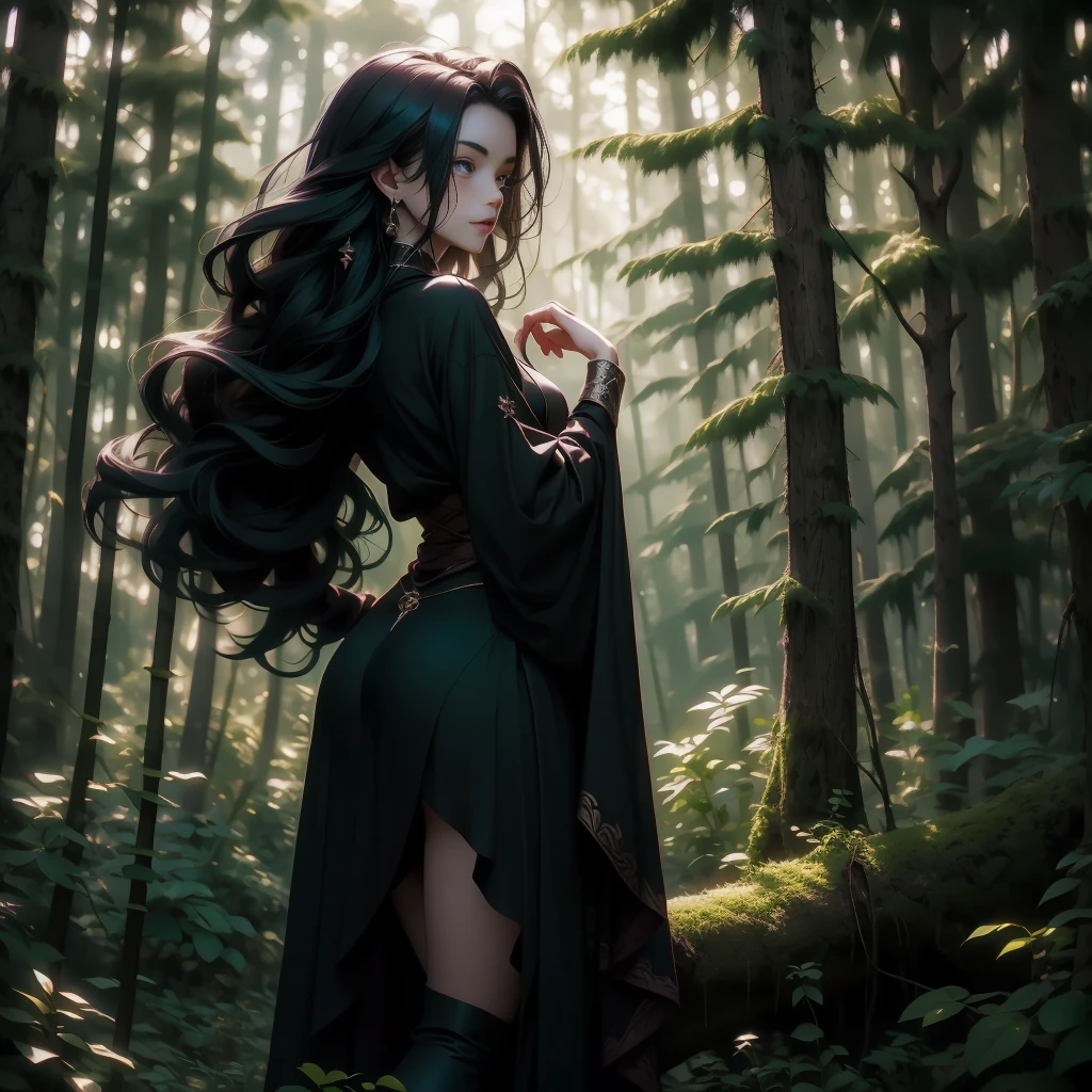 a beautiful young witch girl, long curly dark hair, piercing green eyes, delicate facial features, full red lips, sexy black witch outfit with long sleeves and a short skirt, full body view from behind, looking over her shoulder at the camera, dark moody forest background with full moon, dramatic lighting, dark colors, gothic, cinematic, highly detailed, 8k, photorealistic