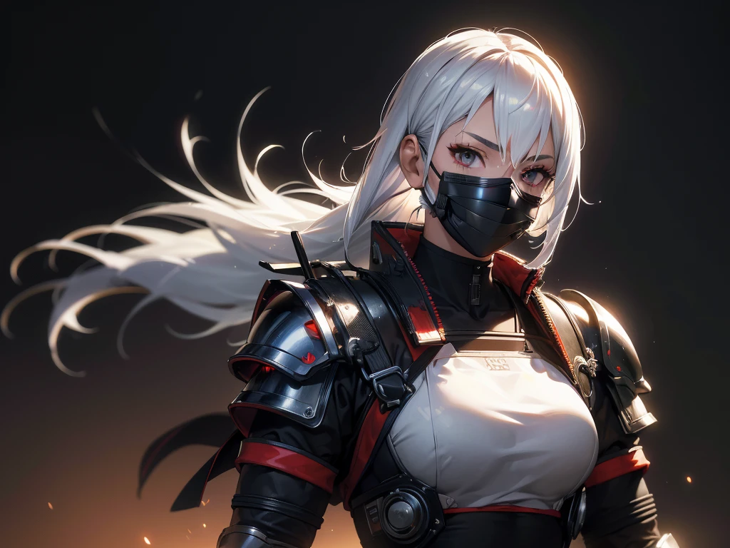 Super realistic, hyper realistic, super detailed, ( women samurai, white hair, upper body, armor, mask, blurry background, science fiction, mask, cyborg, cyberpunk, katana on back, katana handle sticking out behind back:1.3) (glowing simple black background:1.25), masterpiece, best quality, wide-angle Hyperdetailed, masterpiece, best quality, 8k, natural lighting, soft lighting, sunlight, HDR (High Dynamic Range), Maximum Clarity And Sharpness, Multi-Layered Texture,