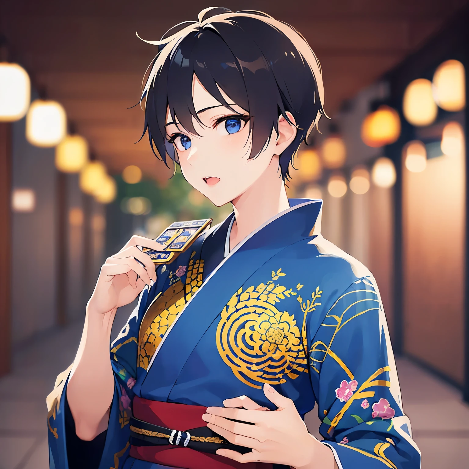 (25-year-old male:1.5) and(Black short hair) and (blue eyes),  (looking away:1.5), upper body、Masterpiece with hands raised、Highest quality、
(Blue) and (yukata),（open mouth：1.5）,shy,The background is a Japanese-style corridor at night