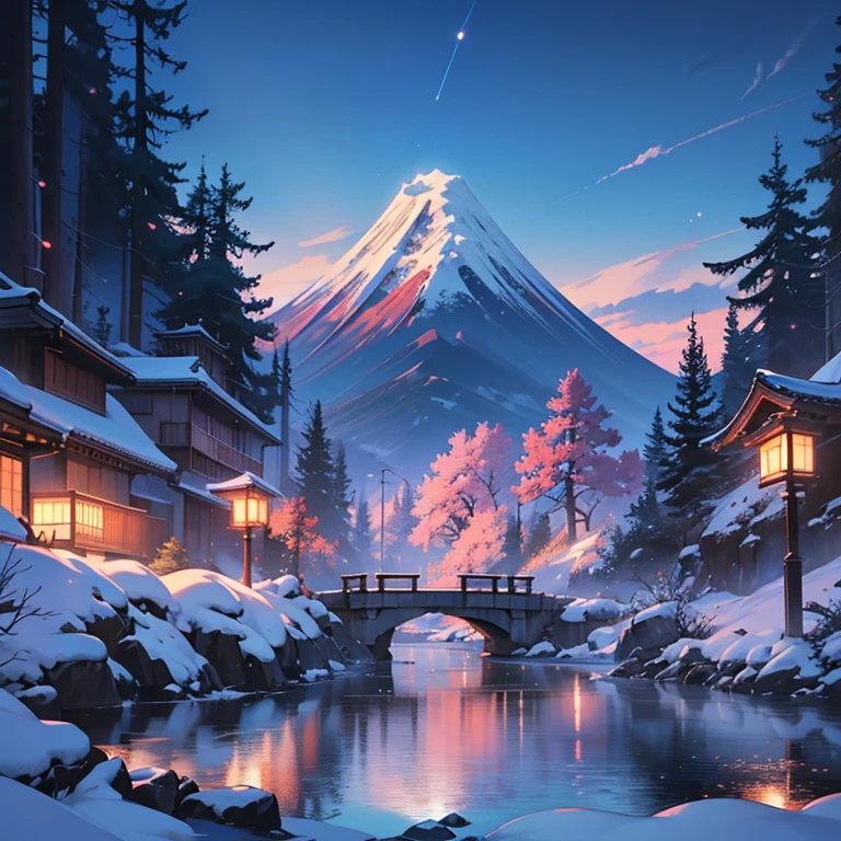 Cool landscape, masterpiece Professional photography,　anime, Fantastic landscape, 日本のanime映画風, mysterious, masterpiece, Professional photography,　anime, Fantastic landscape, 日本のanime映画風, mysterious, Inspired by Makoto Shinkai, Fuji Mountain, snow, Diamond Fuji