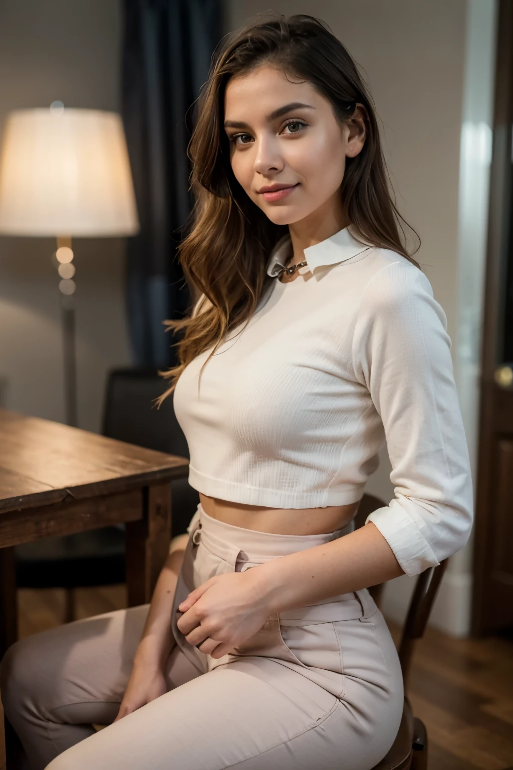 a beautiful slim healthy woman with a happy expression, satisfied with your body, wearing high waist, light pink high-waisted tailored pants, a white high-necked blouse tucked into the collar, an elegant chanel style blazer in plain jacquard in dark pink, in a bright environment, sitting in a chair posing for a photo , (Best Quality,4k,8k,High resolution,artwork:1.2),Ultra details,(realisitic,photorealisitic,photorealistic:1.37),HdR,ultra high definition,natural lighting,Ultrafine paint,sharp focus,Physically based representation,extremely detailed description,professional,brightly colored,bokeh,Portraits,Photo