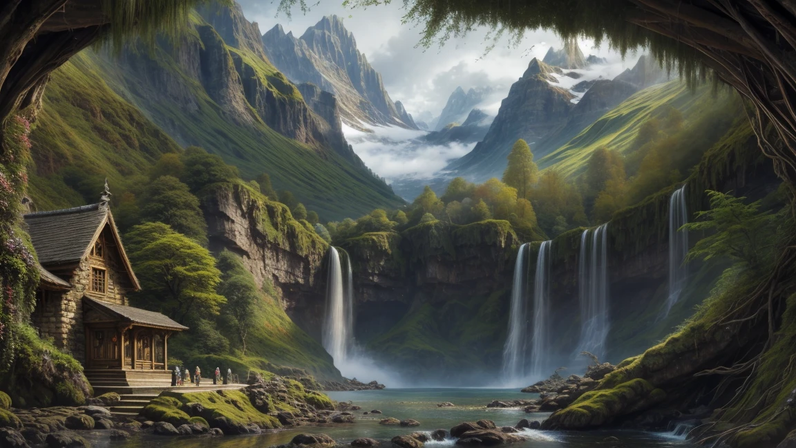 hyper detailed masterpiece, dynamic realistic digital art, awesome quality,  there is a waterfall in the middle of a mountain in a forest, middle earth landscape, mountains in the background, waterfalls, majestic nature scenery, forest and waterfal, seen  form the hill