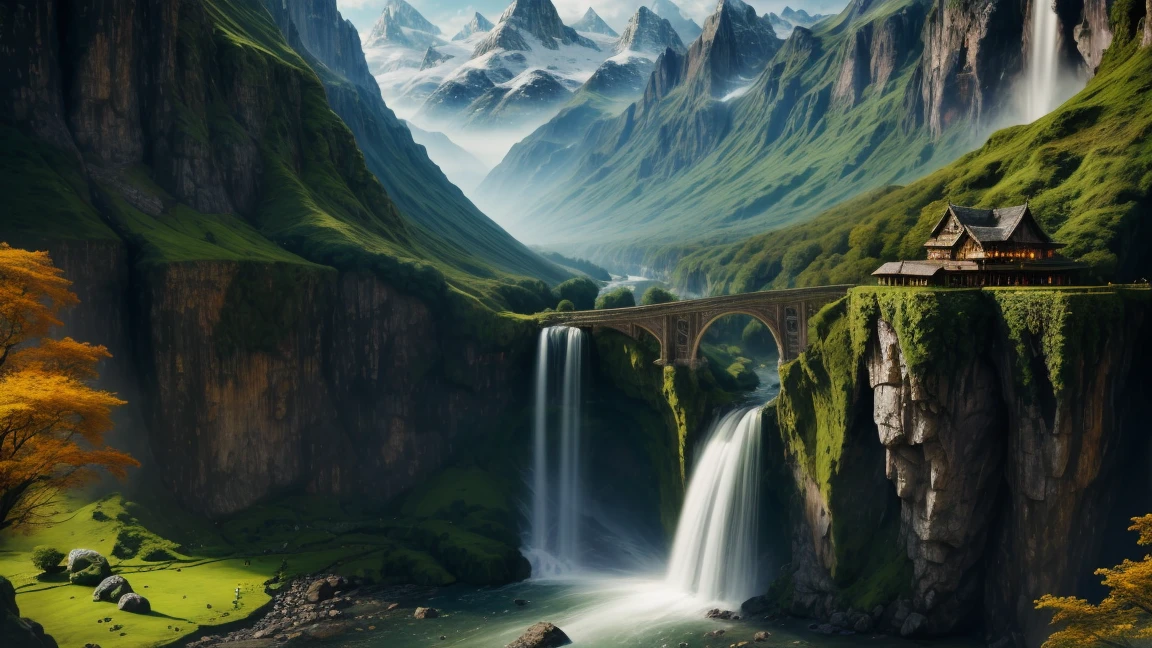 hyper detailed masterpiece, dynamic realistic digital art, awesome quality,  there is a waterfall in the middle of a mountain in a forest, middle earth landscape, mountains in the background, waterfalls, majestic nature scenery, forest and waterfal, seen  form the hill