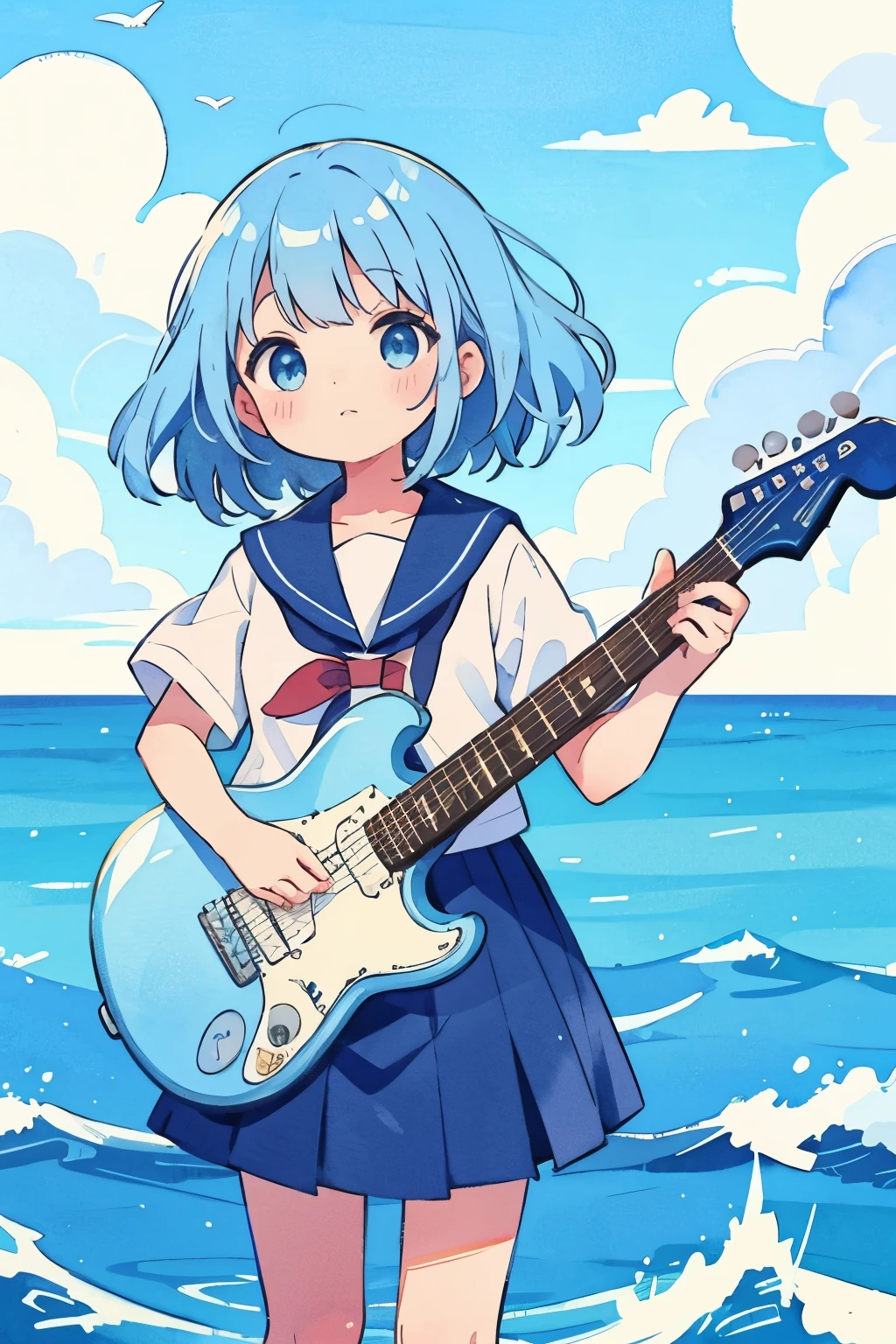 Watercolor、Sailor suit、Navy Blue Skirt、Ocean、Pale blue、Light blue hair、Watercolor、Electric guitar