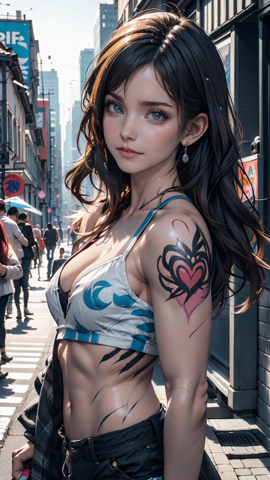 A woman with colorful street art-style body paint、With a cityscape as the background。