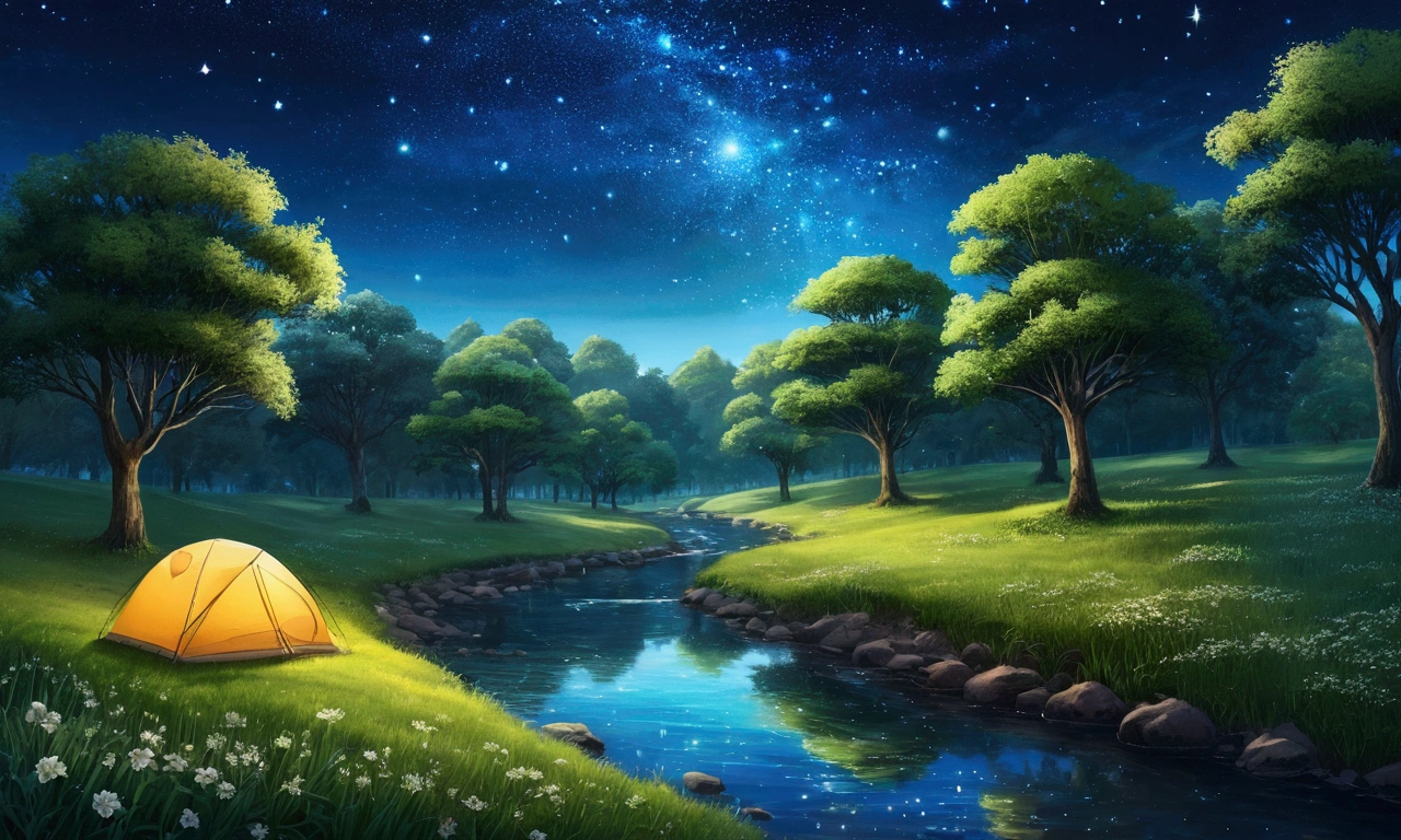Starry night forest、A pleasant pasture where you can take a break and replenish your positive energy, Beside a river with sparkling, clear water.