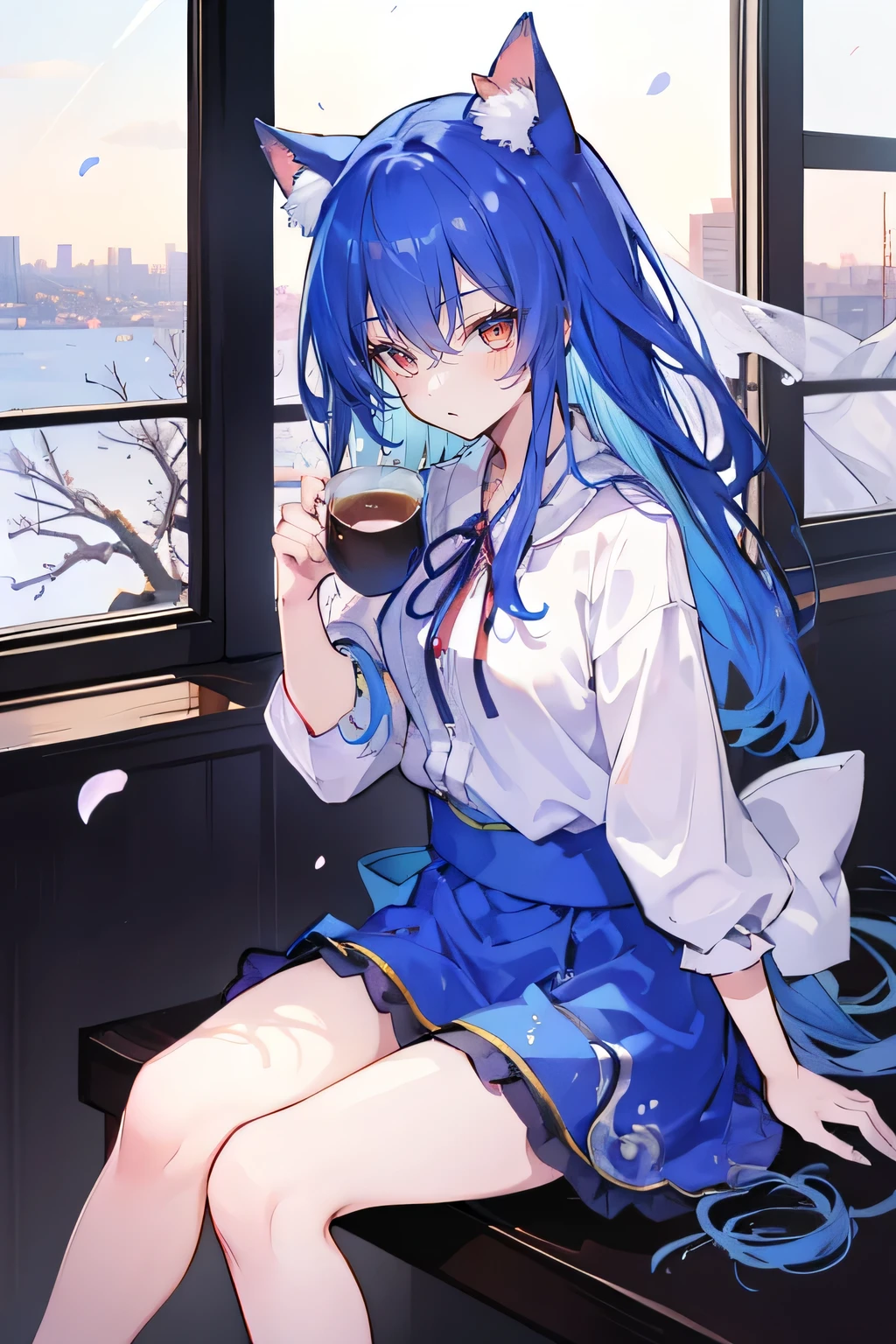 (Masterpiece:1.2)，Ultra-detailed，lifelike，The eyes are expressive，Fair skin，Perfect face shape，1 girl，
Japanese Manga，Gorgeous blue hair，Flowing blue hair，Flowing clothes，Cat ears，Petals falling，Beautiful Lola，little angel，
Cross your legs，Gentle and peaceful background，Smile，Wearing a sweatshirt，Tokyo background，background，heavy snow，冬天 on window sill drinking coffee and looking out the window