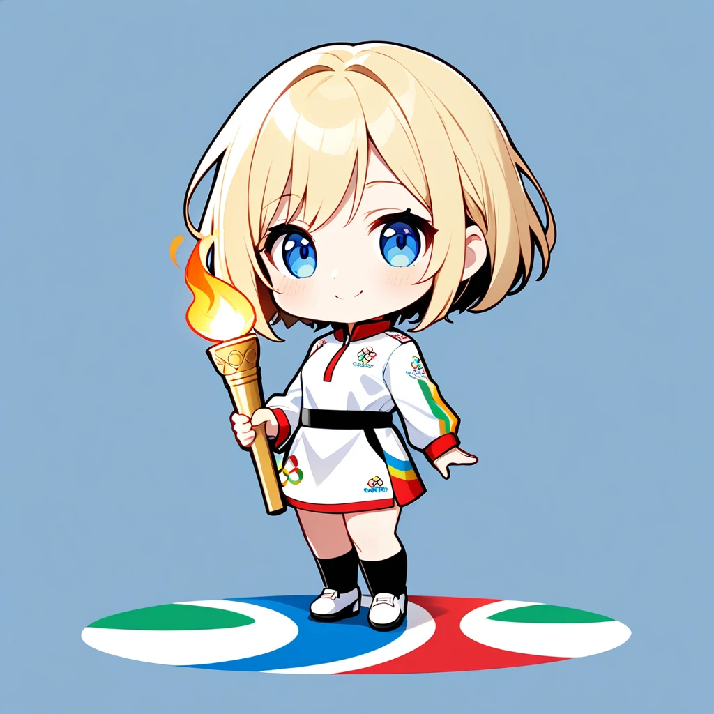ultra-small deformation, Chibi Cute, 1girl, solo, full body, blonde short hair, blue eyes, smile, she stands in front of the Olympic rings wearing white Olympic torchbearer uniform, she holds a lit torch in her hand, High contrast and vivid color, background is the Olympic venue and large number of spectators, sports festival, the Olympic rings that are the five rings in five colors that are the Olympic symbol. The five colors are blue, yellow, black, green, and red. 