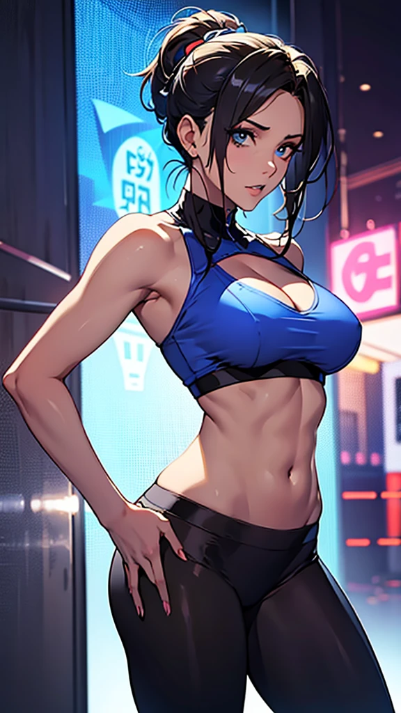 A masterpiece, high resolution, 4K,8K, perfect anatomy, royal blue top, black leggings, (wearing long leggings, panties of strings are visible ), sweating, the background is a building advertisement with dazzling neon light, (sexy body) , (sexy beautiful detailed face), athlete body, front view, stylish pose, looking at viewer, good applying makeup, medium breasts, cleavage, midriff peek and abs, glistening skin, nightclub background,Delete everything except the character