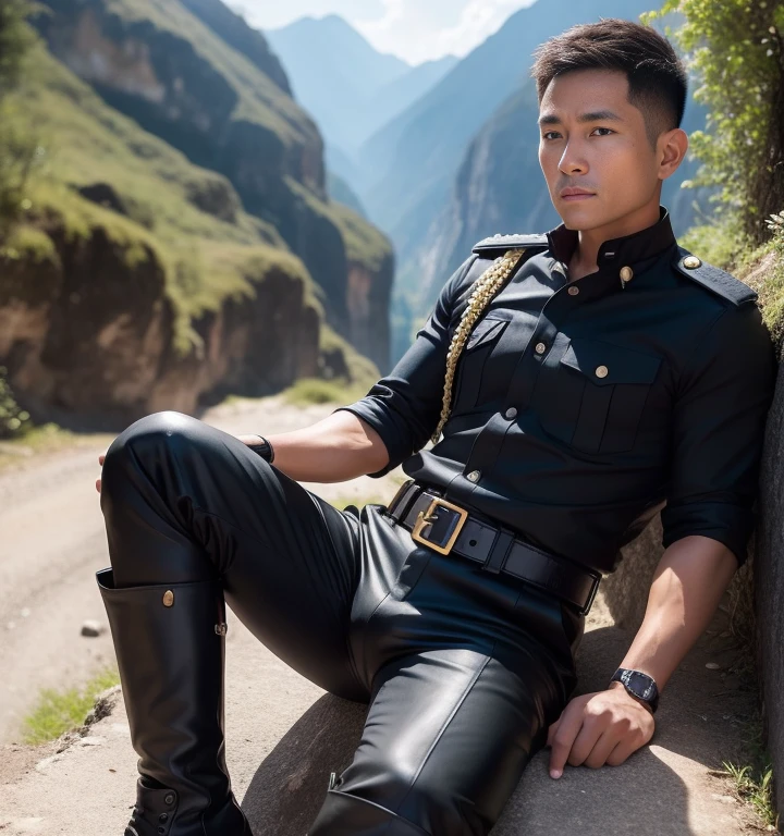 40 years old,One Man,Thai soldiers,Cliff in the mountains、Sit with your legs wide open、Hold a gun,logic,Gay ,Short Hair、Stubble,Handsome、Fighting spirit、The crotch area is bulging。Shocker Belt、Black boots、Black gloves、