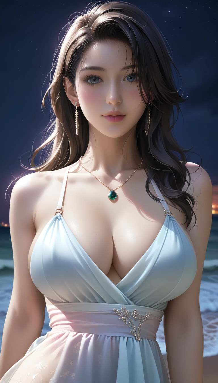 score_9, score_8_superior, score_7_superior, Masterpieces with up to 16K resolution,Highest quality,it is really amazing,Very detailed,Ultra-high resolution,(Ultra-realistic:1.1),(Realistic:1.1),Increased depth of field,Cinematic lighting,
Elegant Japanese MILF,
Long black hair,Ultra-detailed and beautiful faces,Translucent white skin,Very detailedな肌,
(Elegant swimwear:1.1),
Bold design,Artistic design,Beautiful and detailed pattern,Detailed fabric texture,
Gorgeous necklace,Earrings,
(Bali Beach:1.1),(Dark beach at night:1.1),(Deserted beach:1.1),(A pitch black night sky with dark clouds:1.1),
(Dramatic Angle:1.2),