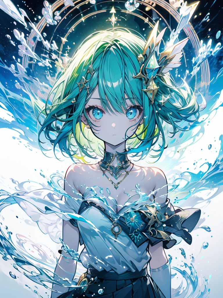 Young girl, light, healing, recovery, support, green hair, skirt, white shirt, magic, magic circle, short hair