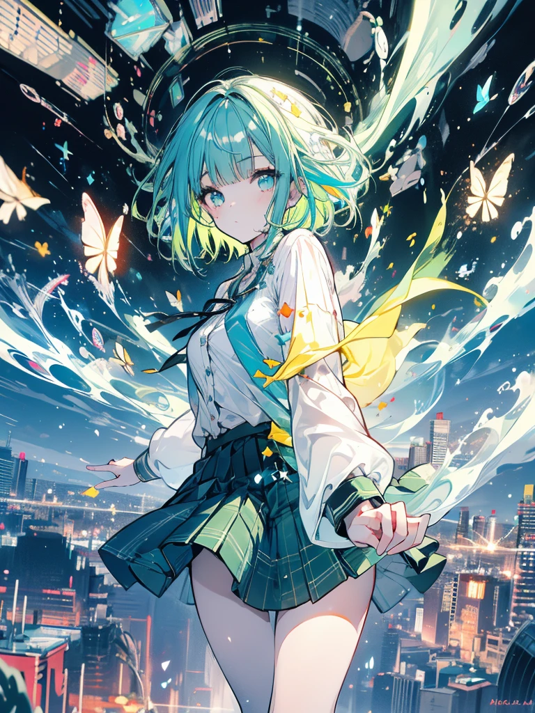 Young girl, light, healing, recovery, support, green hair, skirt, white shirt, magic, magic circle, short hair