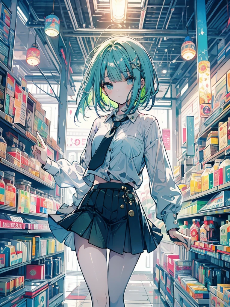 Young girl, light, healing, recovery, support, green hair, skirt, white shirt, magic, magic circle, short hair