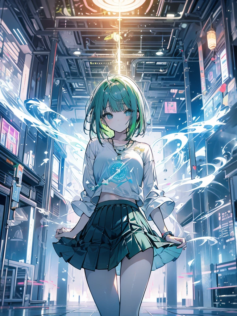 Young girl, light, healing, recovery, support, green hair, skirt, white shirt, magic, magic circle, short hair