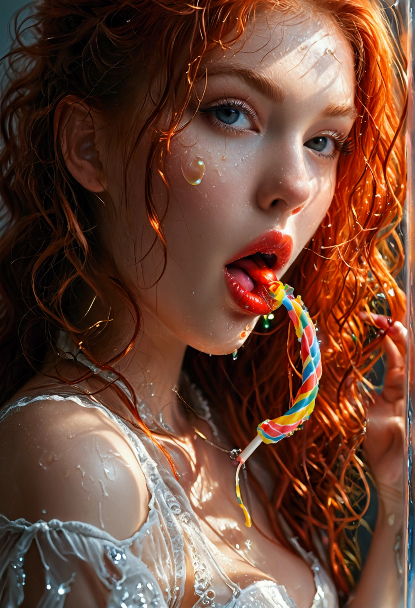 ultra realistic, photography, portrait, upper torso, red haired girl, 20 years old, hourglass figure, perfect body, supermodel, long legs, her wet tongue licking a long spiral lollipop, seductive look, long eyelashes