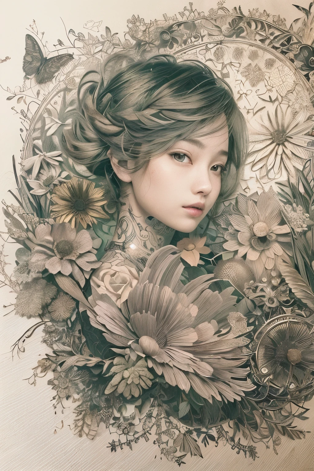 ((((masterpiece))), tattoo、Highest quality, An illustration, Beautiful details shine,
paper_cut, The details of a fragile girl&#39;s face captured on camera, wood, moon, butterfly,Wind、star、spider、Ladybug、centipede
