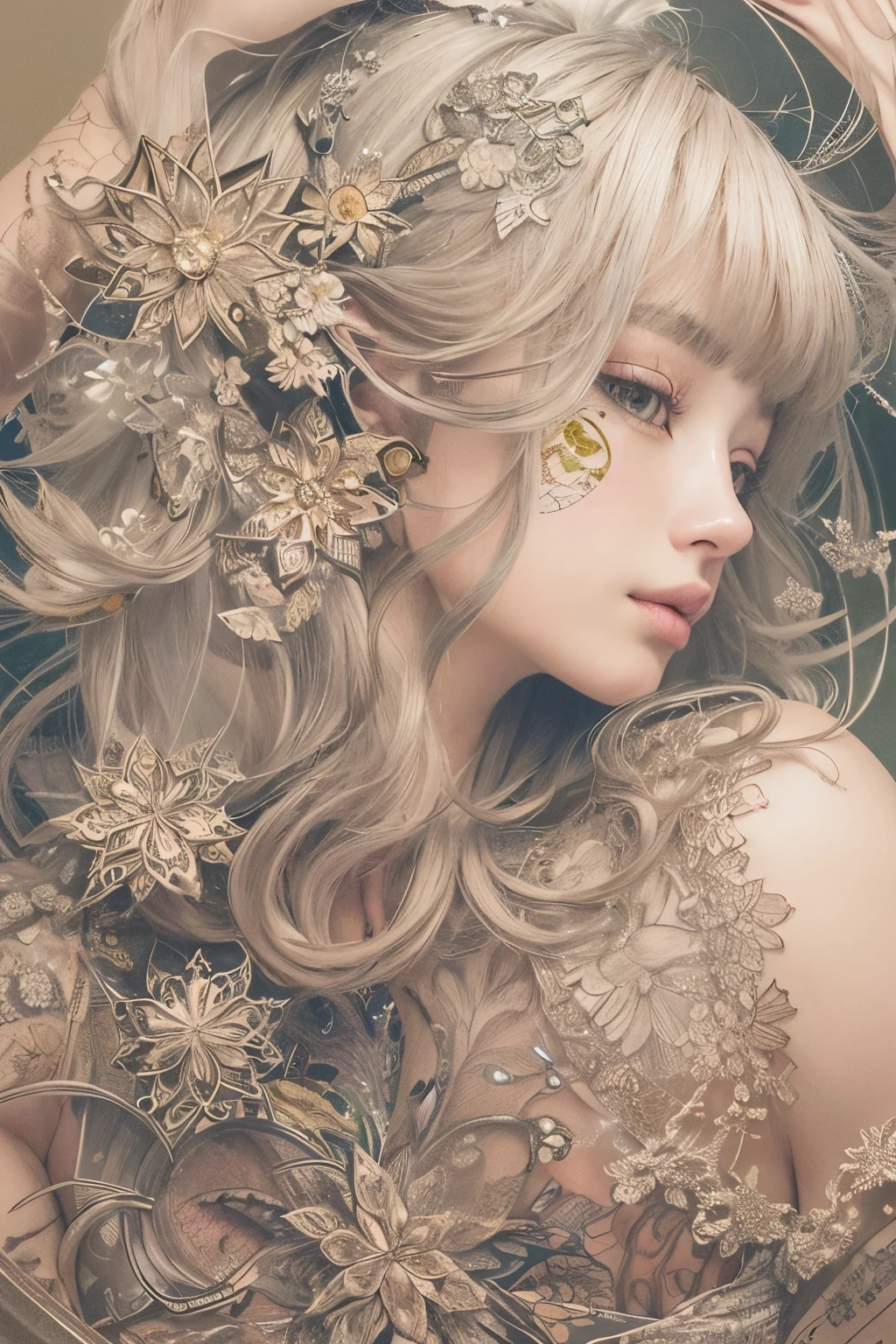 ((((masterpiece))), tattoo、Highest quality, An illustration, Beautiful details shine,
paper_cut, The details of a fragile girl&#39;s face captured on camera, wood, moon, erfly,Wind、star、spider、Ladybug、centipede