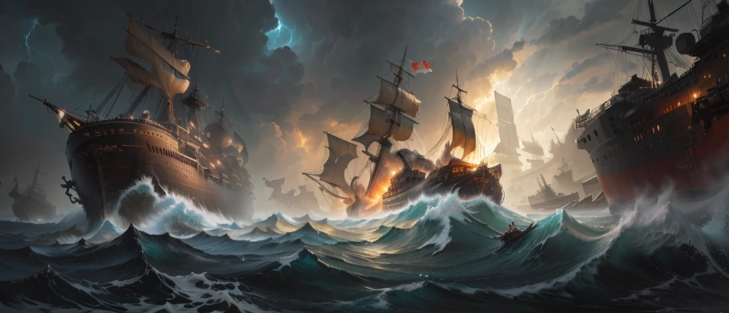 The painting depicts a ship in a storm,A man standing on the shore, Noah Bradley Concept Art, 史诗般的naval battle, Theatre concept art, Inspired by Noah Bradley, author:Darek Zablocki, naval battle, author:Roman Bezpalkov, author:Artur Tarnovsky, author:Ni Yuanlu, Destroyed Ship, by Li Zai