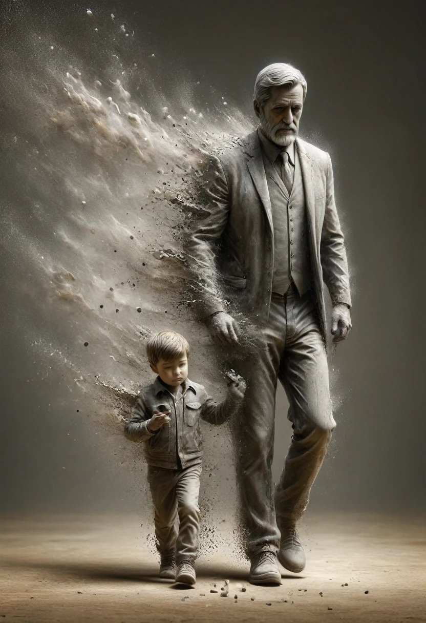 a gray statue of father and son walking hand in hand, dissolving into the dust like a memory,sharp focus,(work of art, best qualityer, high resolution, high resolution:1.2),ral-dissolve,extremely detaild,realisitic,details Intricate,(cinematic lighting, Volumetric)