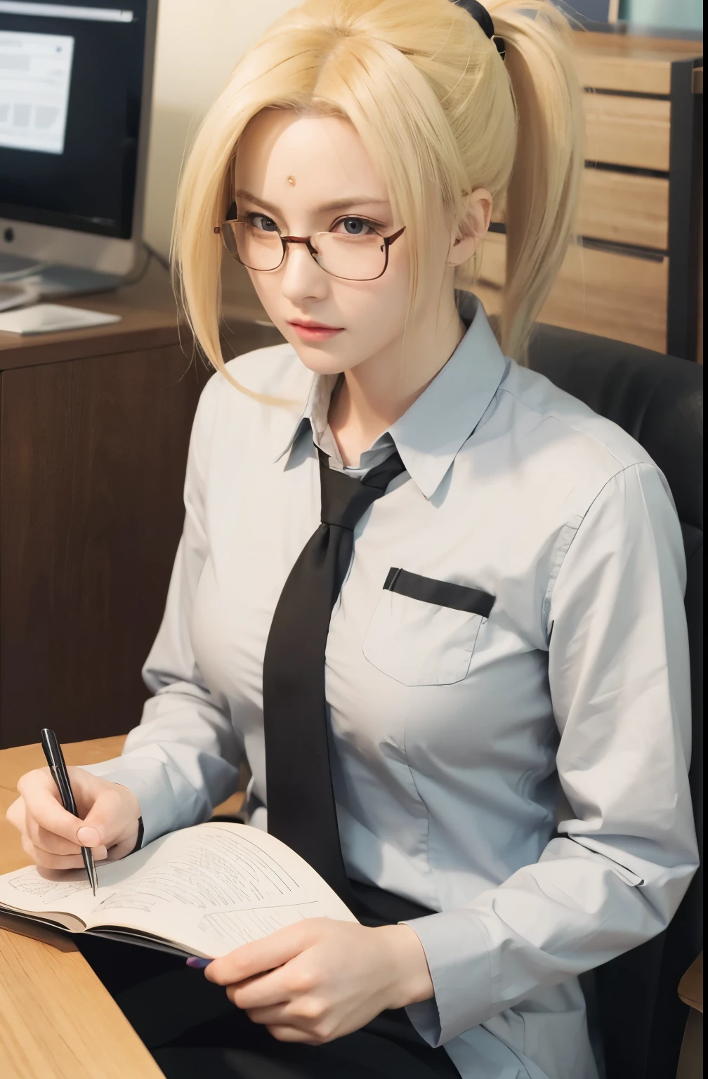 Tsunade, Naruto shippuden, yellow hair, ponytail, red eyes, glasses eyes, highschool uniform, classroom background, ultra detailed, ultra realistic, high resulution, masterpiece.