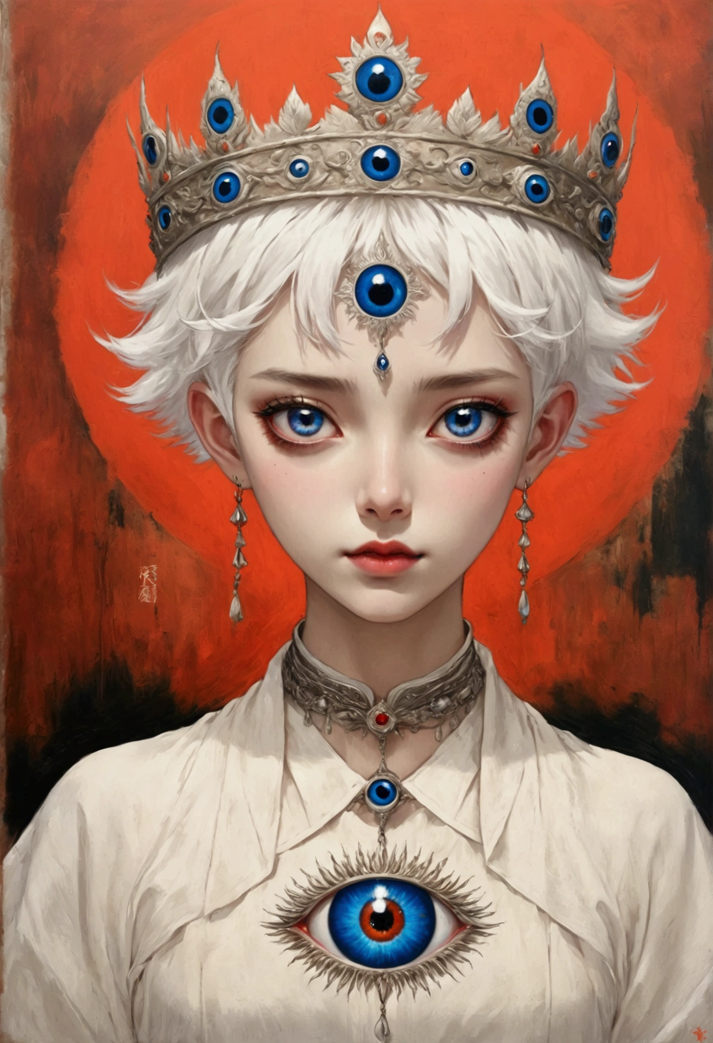 Inspired by Colored lead painting, The third eye vision on the forehead。White short hair,Crown