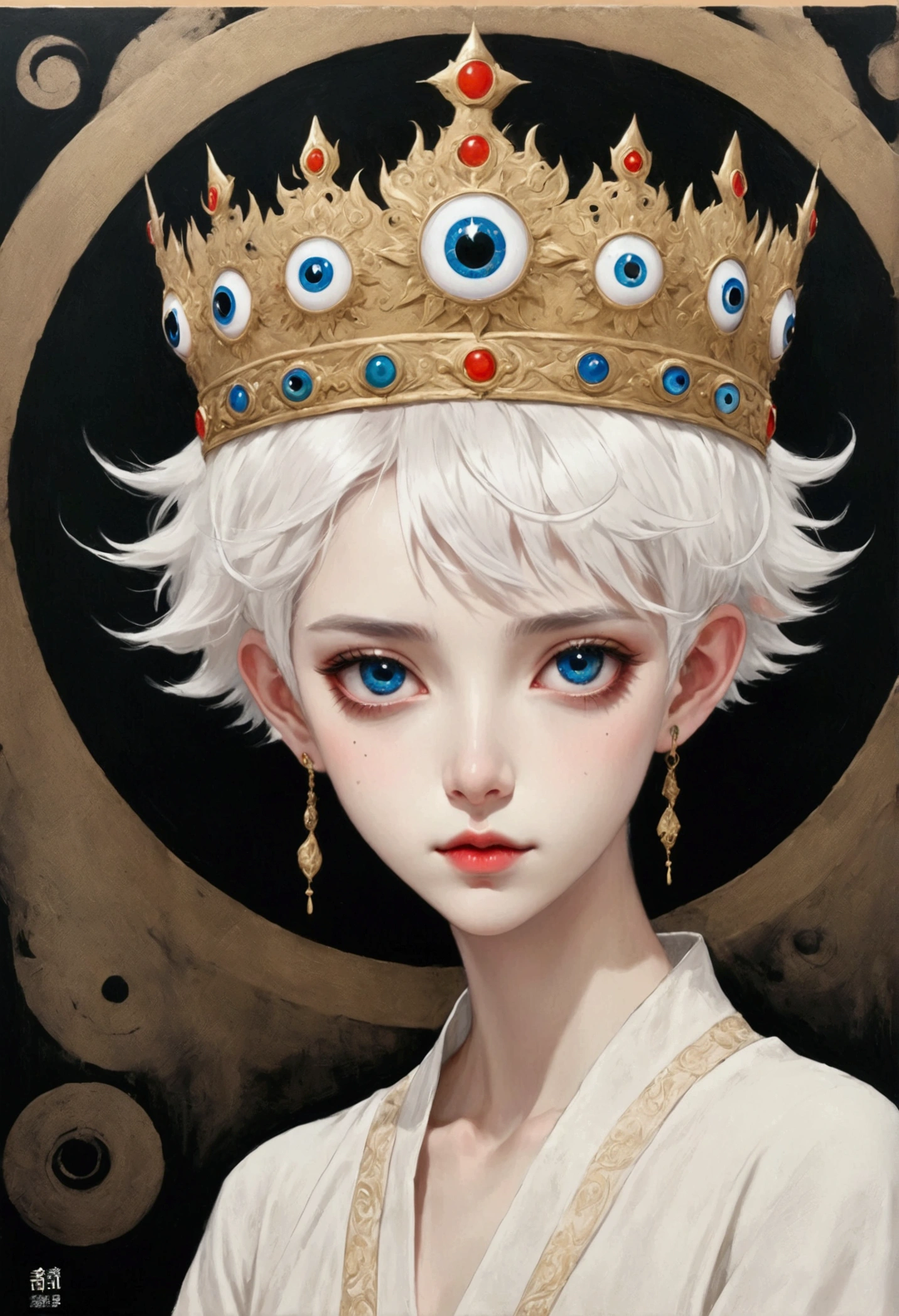 Inspired by Colored lead painting, The third eye vision on the forehead。White short hair,Crown