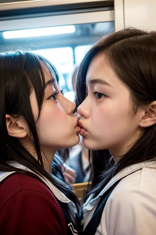 masterpiece, best quality, two schoolgirls crushed each other, angry look, stare, face to face, collide symmetrically, kiss, close contact on crowded train, pressed girls, reluctantly kiss and panic, glare