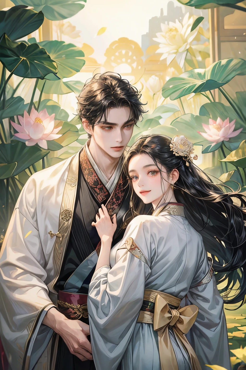An extreamly beautiful of a woman and a man dressed in Hanfu cloths, long black hair, standing in a pavilion surrounded by many lotus flowers, embrace and looking at each other, smiling, wind that blowing hair and cloths floating in the air, light shine from behind, colorful shade, Masterpiece, hi-quality, soft light at night