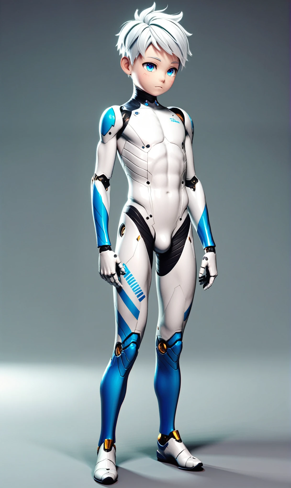 (((Full body image))) of A lifelike android robot (((boy))), intricate android seams on smooth glossy fair skin, short white hair, beautiful blue eyes, (best quality,4k,8k,highres,masterpiece:1.2),ultra-detailed, android,solo, ((shota)), white bodysuit with blue and black accents