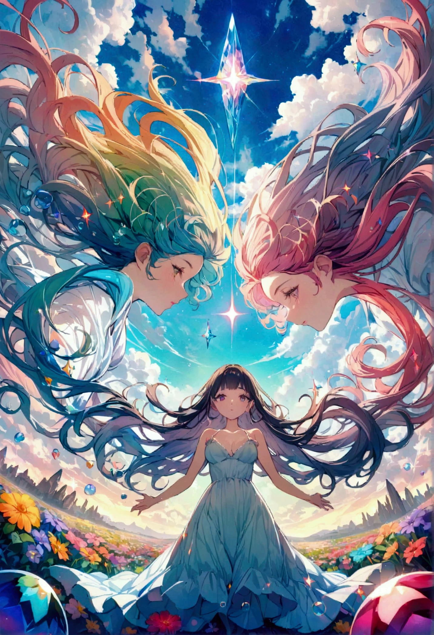 JK,Flowing hair,Beautiful sky, Beautiful clouds, Summer,Colorful flowers, (Crystal clear bubbles sparkle in the sky), masterpiece,high resolution,Wide-angle lens