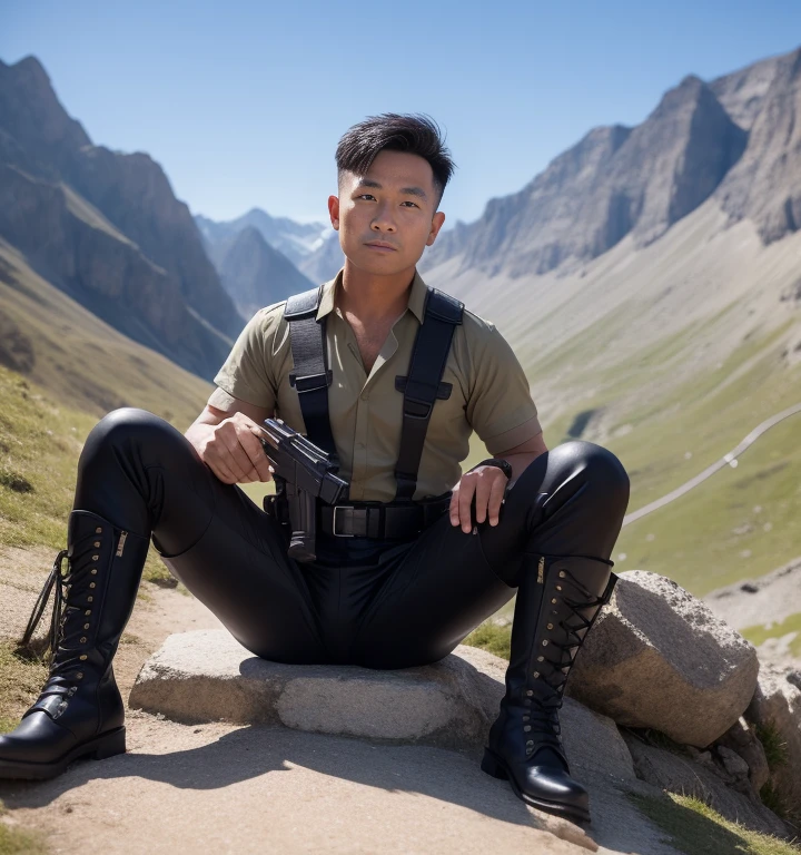 40 years old,One Man,Asian soldiers,Cliff in the mountains、Sit with your legs wide open、Hold a gun,logic,Gay ,Short Hair、Stubble,Handsome、Fighting spirit、The crotch area is bulging。Shocker Belt、Black boots、Black gloves、