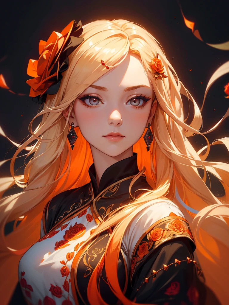 (((Portrait Photo))), She has the Appearance of a Mystical and Graceful Woman, with an Aura of Elegance and Enchantment that Draws Everyone's Gaze. Her Long, Flowing Hair, a Striking Blend of Platinum Blonde and Light Orange, Falls in Soft Waves Around Her Shoulders, Adorned with Vibrant Red Roses that Enhance Her Presence. Her Luminous Eyes, Soft Yet Intense, Reflect a Gentle Wisdom and Deep Contemplation. Her Expression is Serene and Thoughtful, with a Hint of Mystical Allure, Reflecting Her Profound Depth and Intriguing Nature. (((Dark Background))), (((Portrait Photo))), (((Beautifully Embroidered Orange Garment))), (((Roses Hair Ornaments)))