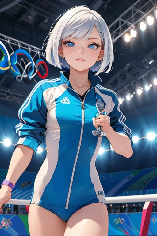 A woman with silver bob hair and blue eyes, extremely detailed and realistic, masterpiece quality, ultra-detailed, HDR, studio lighting, vivid colors, physically-based rendering, (((Olympics, competing in the Olympics, participating in the Olympics))), wearing sporty wear, 