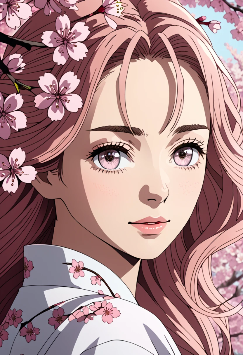 "Create a zoomed-in portrait focusing on a woman's face and hair. Ensure her hair is adorned with cherry blossom flowers, adding a touch of delicate beauty. Capture the intricate details of her facial features and the gentle softness of the cherry blossoms intertwined in her hair.