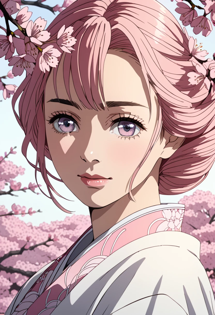 "Create a zoomed-in portrait focusing on a woman's face and hair. Ensure her hair is adorned with cherry blossom flowers, adding a touch of delicate beauty. Capture the intricate details of her facial features and the gentle softness of the cherry blossoms intertwined in her hair.