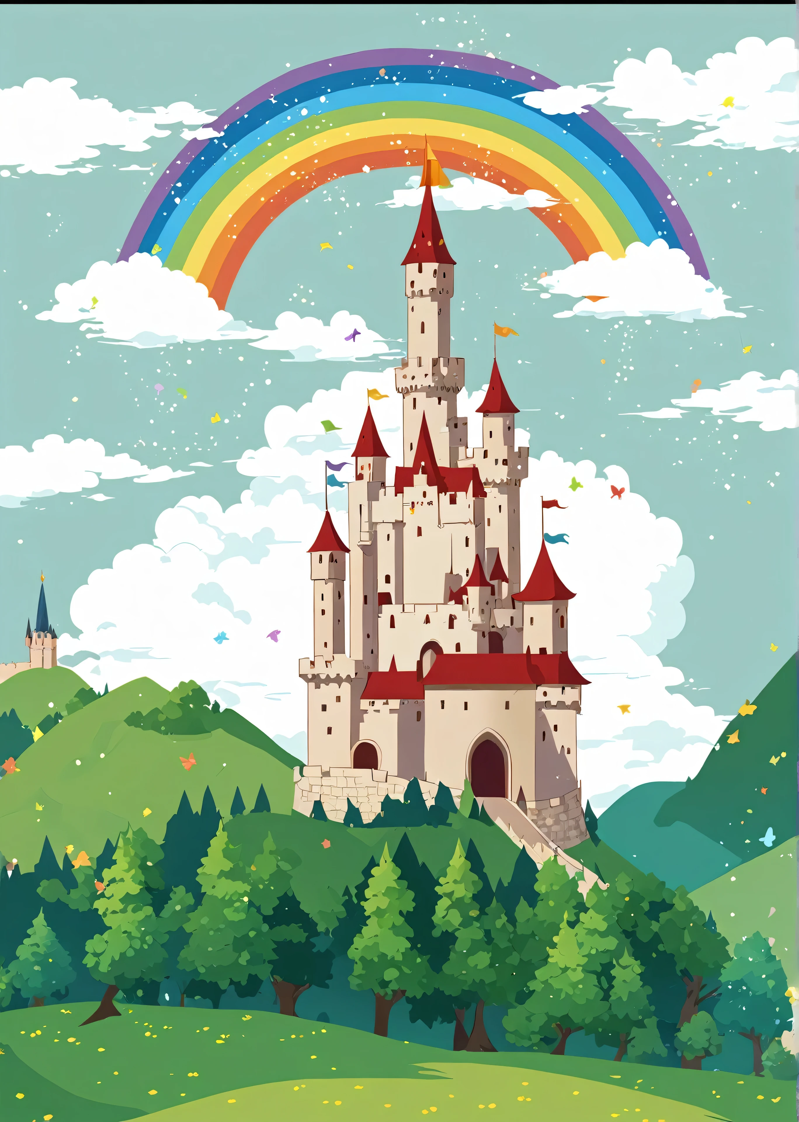 A cartoon castle，There is a rainbow in the sky and trees, Castle Background, Dream Castle, medieval Castle Background, Fairy tale style background, Medieval castle on background, Magic Castle school on a hill, Magic Castle, The castle is in the background, Castle on the hill, Feiyun Castle, dark pastel Castle Background, Beautiful castle, Flying Castle, An epic castle with towering spires