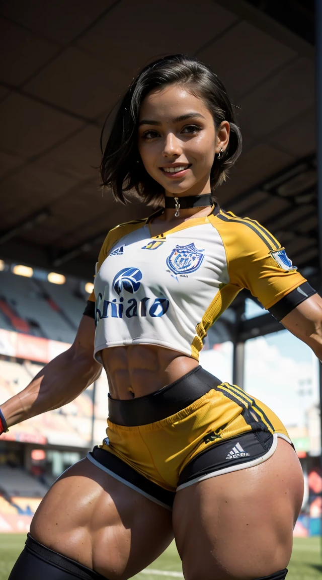 (muscular:2.2), (thick thighs:2.1),
(latina female, tan skin, dark skin, black hair:1.5), (big smile:1.5), (adult),
lipstick, eyeshadow,
(hard nipples), (small breasts:1.3),
(soccer jersey, soccer shorts, choker, midriff:1.6),
looking at viewer, (three quarter view:1.3), upper body view,
rim lighting, two tone lighting, dim lighting, bokeh, detailed skin, detailed eyes